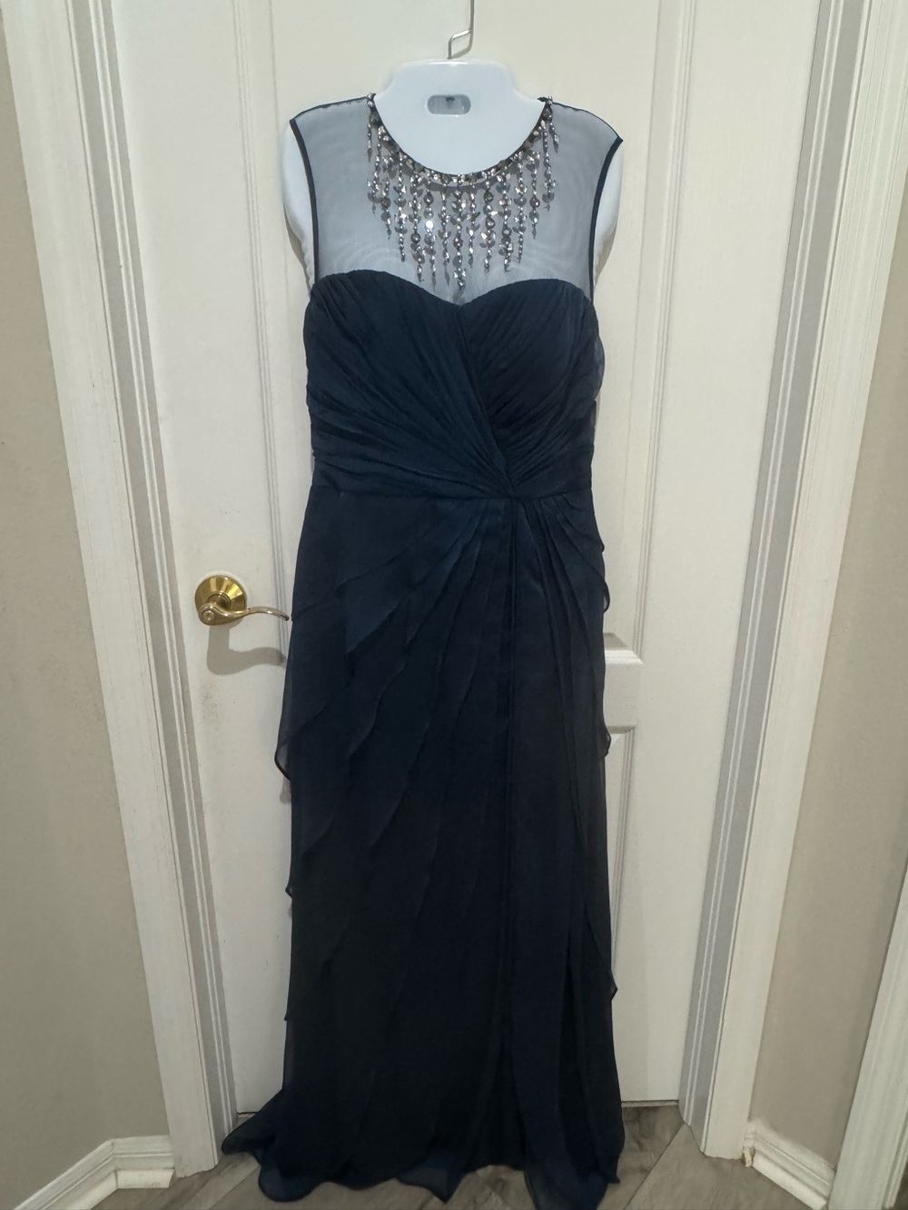 Adrianna Papell Navy Blue Beaded Illusion Neck Gown